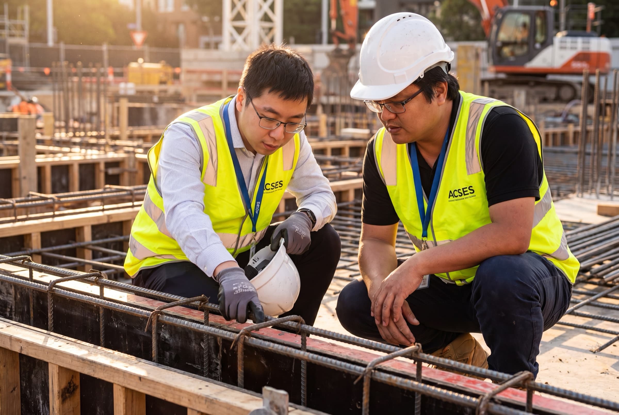 ACSES engineers inspecting steel reinforcement on site